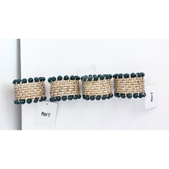 Pier 1 Woven Straw Napkin Rings With Green Beads Set Of 4 - Picture 3 of 5